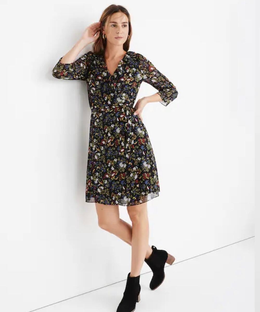 Madewell XXS Mini Wrap Dress Black Sheer Sleeve Ruffled Finch Floral Tie Waist